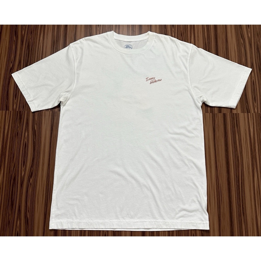 Tommy Bahama T-Shirt Men's Size L White Tee Shakin' Bacon Lounge Luaus Karaoke